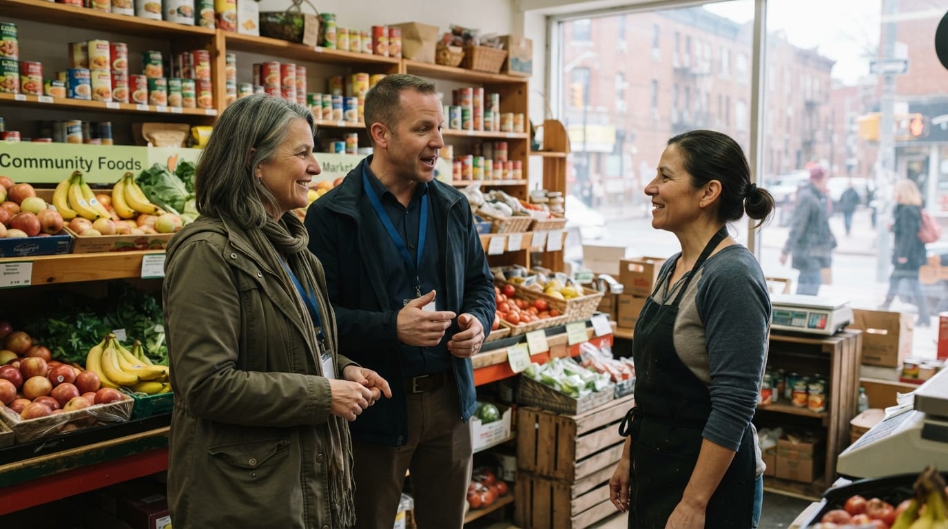 deux conseillers régionaux rencontrent des entreprises locales pour échanger sur des solutions concrètes face aux déserts alimentaires.